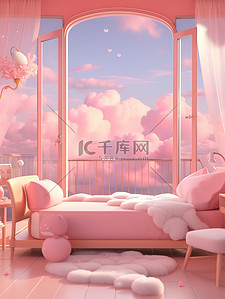 动漫风格的女孩卧室淡粉色色调1