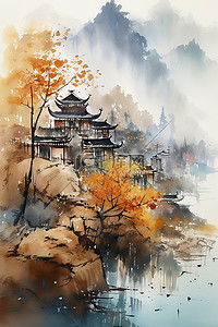 古建相机插画图片_中国风秋天远山枫叶古建水墨插画背景