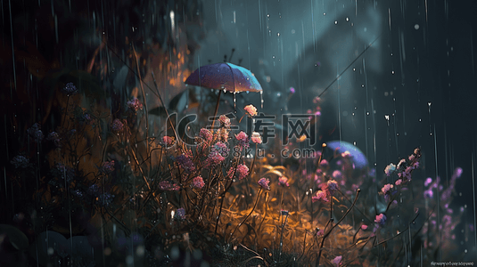 美的加湿器插画图片_雨水打湿的花朵数字艺术插画