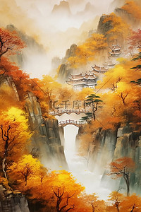 中国风秋季唯美远山枫叶古建插画背景