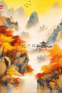 中国风大气背景插画图片_中国风秋天远山枫叶古建国画背景