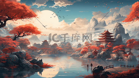 中国风插画秋天中国园林建筑一丛火红景色