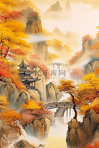 中国风古建插画图片_中国风大气秋天远山枫叶插画背景