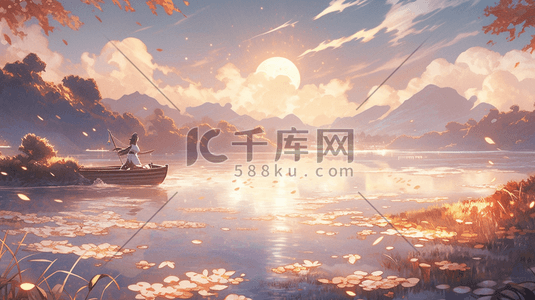 中国风国风唯美插画秋天傍晚的江面