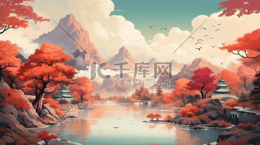 中国风插画秋天中国江河湖泊景色