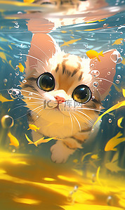 水里的水产插画图片_可爱猫咪水里游泳插画