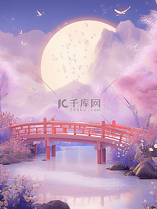 月亮紫色背景插画图片_七夕月亮插画背景3D拱桥凉亭粉色系