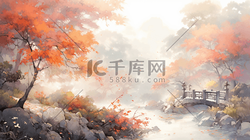 中国风国风插画秋天枫林尽染山水园林景色