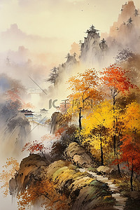 中国风秋天唯美远山枫叶古建插画背景