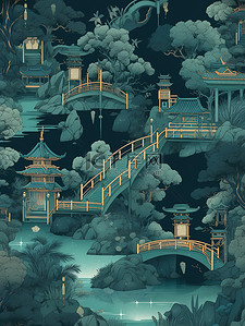 中国风古建筑河流拱桥山脉插画12