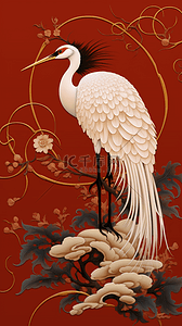 典雅中国风背景插画图片_国潮中国风站立的仙鹤白鹤红色背景