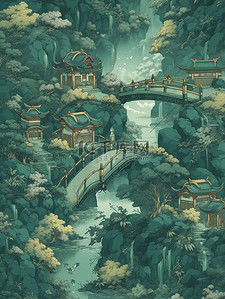中国风古建筑河流拱桥山脉插画8