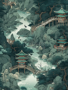 中国风古建筑河流拱桥山脉插画13
