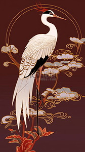 鹤的插画图片_国潮站立的仙鹤白鹤红色背景