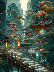 中国风古建筑河流拱桥山脉插画16