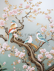 花鸟传统插画图片_中国风金边掐丝珐琅传统花鸟图案插画