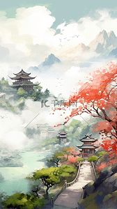 中国风山水秋天景观秋天风景