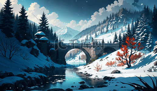 白雪森林插画图片_手绘冬天小桥流水白雪覆盖森林