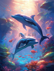 海豚正面插画图片_海底世界珊瑚礁中的海豚4
