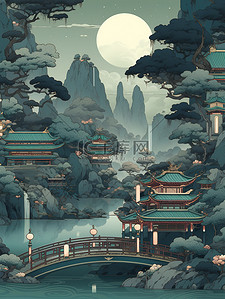 中国风古建筑河流拱桥山脉插画15