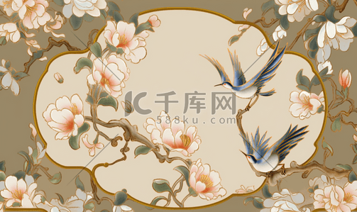 花鸟金边珐琅横向构图古风插画中国风