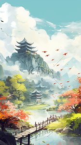 秋天的山插画图片_秋天山水中国风国潮秋天景观秋天风景