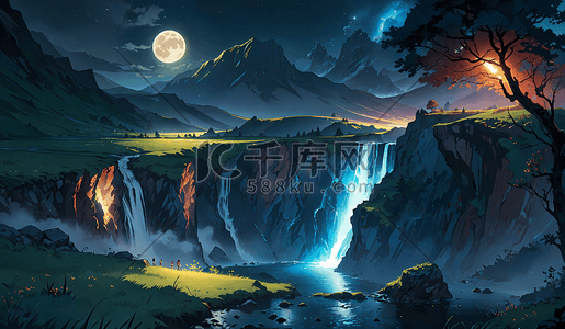黑夜悬崖插画图片_手绘幻想中的山间溪流瀑布树木草地美景