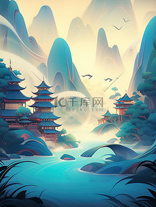 河山图梦幻般的插图风格卷轴画13