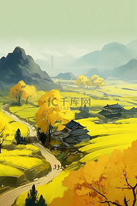 动漫海报背景插画图片_秋天唯美远山乡村插画海报背景