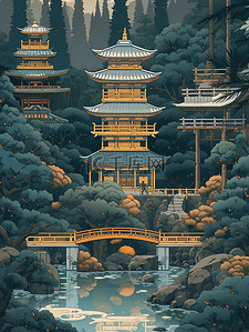 中国风古建筑河流拱桥山脉插画6