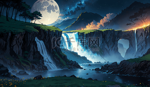 黑夜悬崖插画图片_手绘满月下山间瀑布河流风景