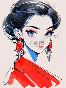 拖鞋素描插画图片_极简素描女生头像肖像16