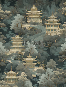 中国风古建筑河流拱桥山脉插画18