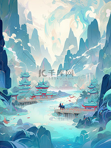 中国风卷轴插画图片_河山图梦幻般的插图风格卷轴画14