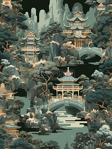 深绿牛蛙插画图片_中国风古建筑河流拱桥山脉插画4