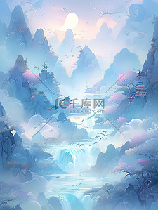 河山图梦幻般的插图风格卷轴画10