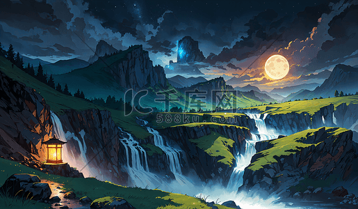 黑夜悬崖插画图片_手绘满月山间瀑布汇聚到一起激起千层水花