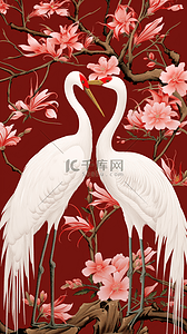 典雅中国风背景插画图片_中国风站立的仙鹤白鹤红色背景
