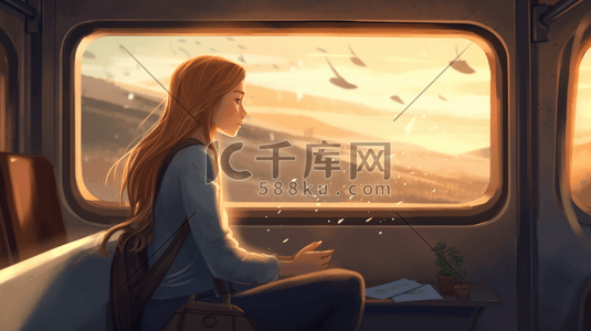 火车上的少女人物插画