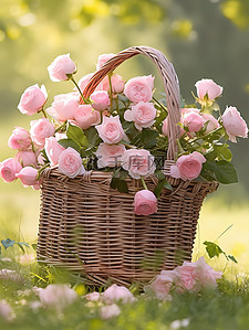 粉色浪漫玫瑰花束插画图片_草坪上一篮淡粉色玫瑰6