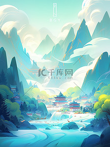 中国风卷轴插画图片_河山图梦幻般的插图风格卷轴画3