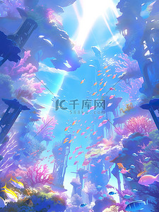 阴森古堡插画图片_海底世界珊瑚礁古堡鱼群19