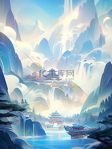 中国风卷轴插画图片_河山图梦幻般的插图风格卷轴画6