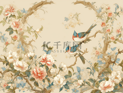 金边珐琅横向构图中国风古风插画花鸟
