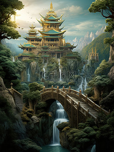 中国风古建筑河流拱桥山脉插画19