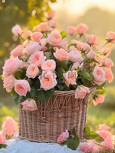 粉色浪漫玫瑰花束插画图片_草坪上一篮淡粉色玫瑰15