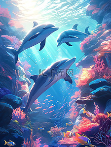 愤怒的海豚插画图片_海底世界珊瑚礁中的海豚3