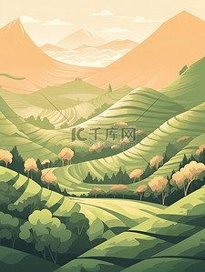 青铜铭文插画图片_简约茶园山坡景观插画20