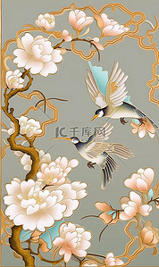 金边的鱼插画图片_珐琅花鸟画金边简约中国风抽象