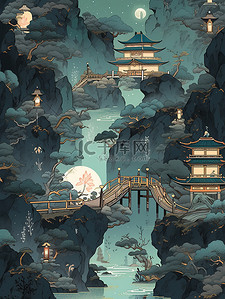 深绿牛蛙插画图片_中国风古建筑河流拱桥山脉插画3